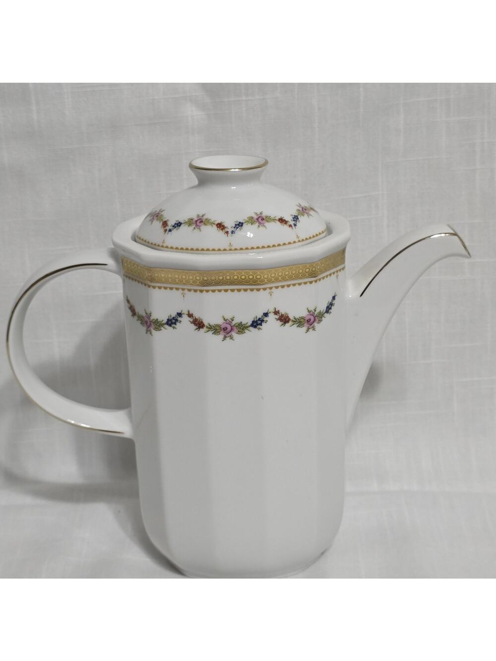 Tirschenreuth Bavaria Germany Porcelain Coffee Pot Floral Garland Gold Trim w Li